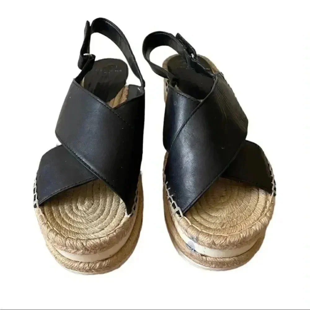 Marc Fisher Gandy Black Platform Wedge Espadrille Leather Sandals SZ 9M
